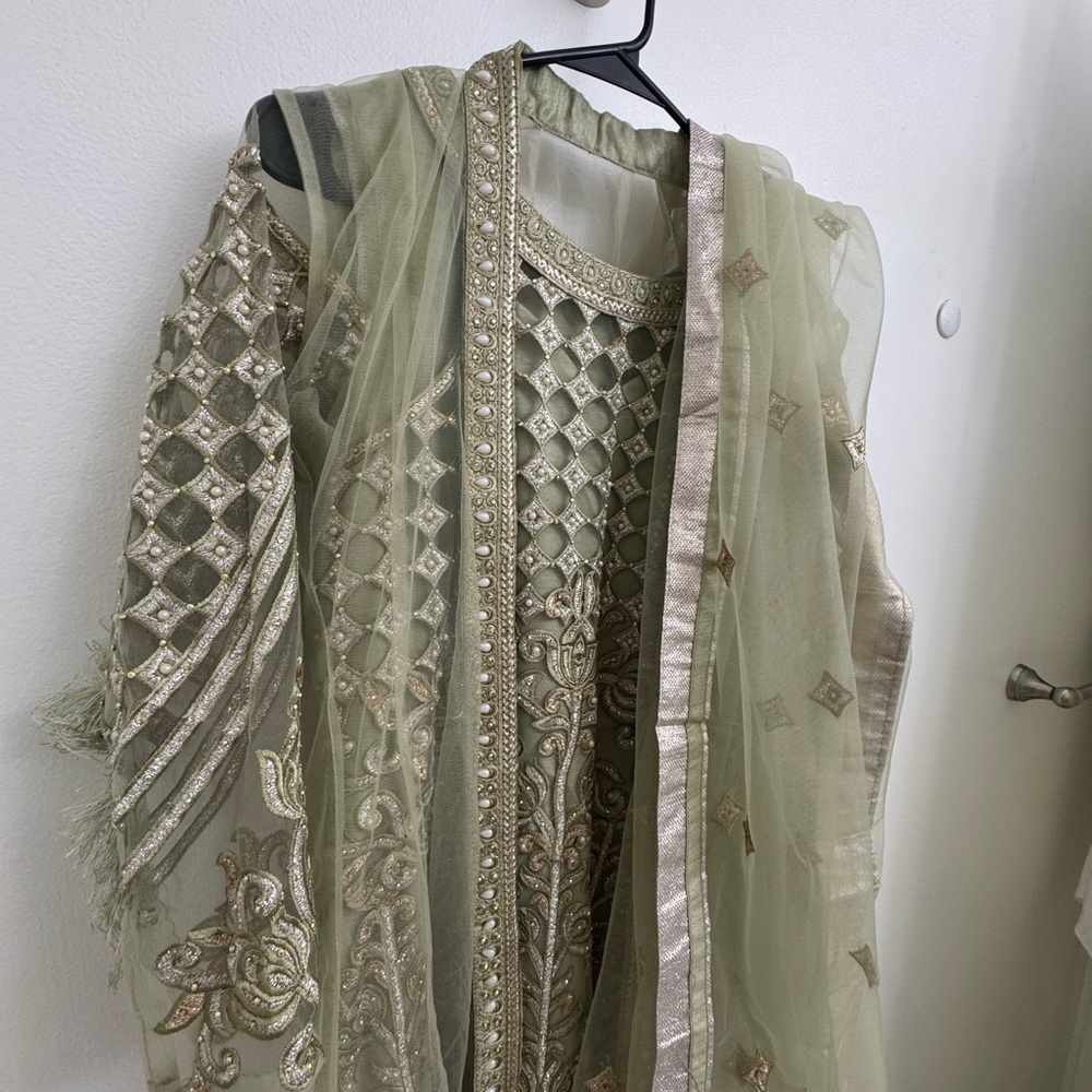 Elegant Olive Green Embroidered Maxi Dress